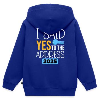 J’ai dit oui à l’adresse 2025 - Sweat Premium à capuche zippé enfant bio - bleu roi - Dos - AI Model Kid Male (0cm)