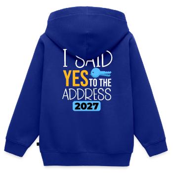 J’ai dit oui à l’adresse 2027 - Sweat Premium à capuche zippé enfant bio - bleu roi - Dos - AI Model Kid Male (0cm)