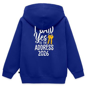 J’ai dit à l’adresse 2026 - Sweat Premium à capuche zippé enfant bio - bleu roi - Dos - AI Model Kid Male (0cm)
