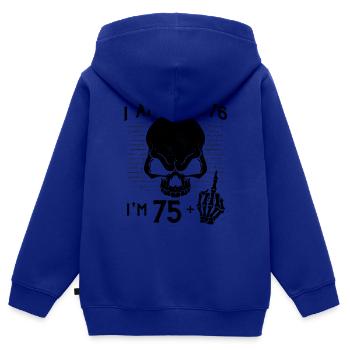 J’ai 75 ans et majeur - 76e anniversaire - Sweat Premium à capuche zippé enfant bio - bleu roi - Dos - AI Model Kid Male (0cm)