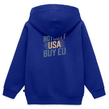 Pro-Europe Boycott USA Acheter UE - Sweat Premium à capuche zippé enfant bio - bleu roi - Dos - AI Model Kid Male (0cm)