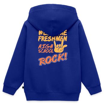 Bienvenue aux étudiants de première année de l’école secondaire Rock Vibes - Sweat Premium à capuche zippé enfant bio - bleu roi - Dos - AI Model Kid Male (0cm)