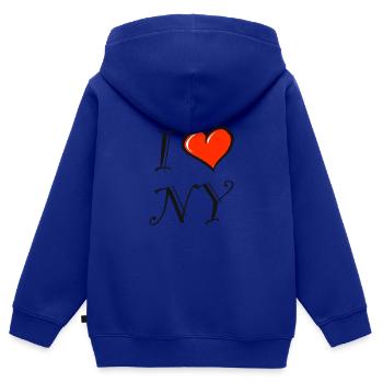 J'aime NY. New York - Sweat Premium à capuche zippé enfant bio - bleu roi - Dos - AI Model Kid Male (0cm)