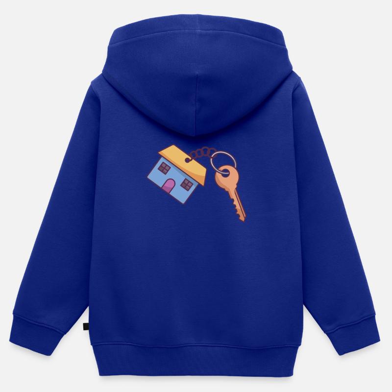 Un porte-clés en forme de maison bleue avec une clé - Sweat Premium à capuche zippé enfant bio - bleu roi