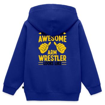 C’est ce qu’un catcheur de bras est génial - Sweat Premium à capuche zippé enfant bio - bleu roi - Dos - AI Model Kid Male (0cm)