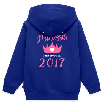 née en 2017 cadeau anniversaire fille 5 ans - Sweat Premium à capuche zippé enfant bio - bleu roi - Dos - AI Model Kid Male (0cm)
