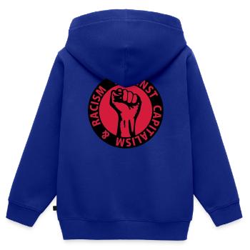 2 colors - against capitalism & racism - against - Kinder Premium Organic Zip Hoodie - Royalblau - Hinten - AI Model Kid Male (0cm)