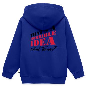 Dire drôle d’idée terrible - Sweat Premium à capuche zippé enfant bio - bleu roi - Dos - AI Model Kid Male (0cm)