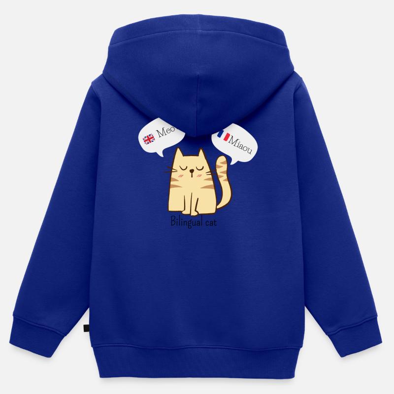 Bilingual cat | Chat bilingue français/anglais - Sweat Premium à capuche zippé enfant bio - bleu roi