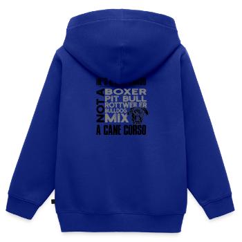 Er ist ein Zuckerrohrcorso Kein Boxer Pitbull Rottweiler - Kinder Premium Organic Zip Hoodie - Royalblau - Hinten - AI Model Kid Male (0cm)