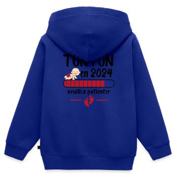 Cadeau Tonton Annonce Grossesse Futur Oncle 2024 - Sweat Premium à capuche zippé enfant bio - bleu roi - Dos - AI Model Kid Male (0cm)