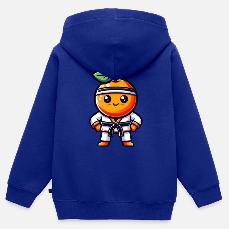 Karaté Orange : Fruit sucré dans une combinaison de karaté - Sweat Premium à capuche zippé enfant bio - bleu roi