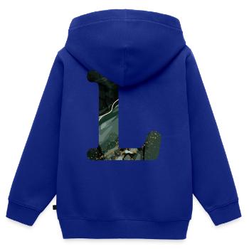 Lettre l marbré vert - Sweat Premium à capuche zippé enfant bio - bleu roi - Dos - AI Model Kid Male (0cm)
