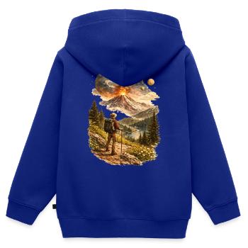 Des randonneurs devant un volcan en éruption et un monde étrange - Sweat Premium à capuche zippé enfant bio - bleu roi - Dos - AI Model Kid Male (0cm)
