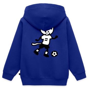 Chat de foot - Chat joue au football - Sweat Premium à capuche zippé enfant bio - bleu roi - Dos - AI Model Kid Male (0cm)