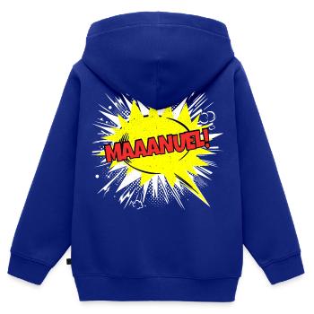 Manuel Nom Drôle de bulle de dialogue Maaanuel ! - Sweat Premium à capuche zippé enfant bio - bleu roi - Dos - AI Model Kid Male (0cm)