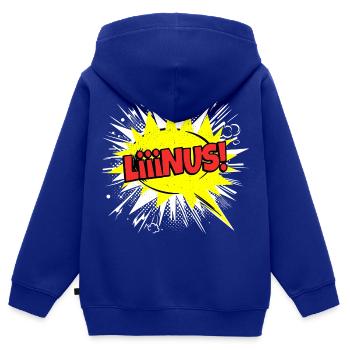 Linus Nom Drôle Bulle de Discours Liiinus ! - Sweat Premium à capuche zippé enfant bio - bleu roi - Dos - AI Model Kid Male (0cm)