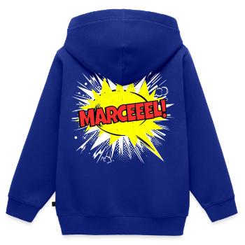 Marcel nom drôle bulle de discours Marceeel ! - Sweat Premium à capuche zippé enfant bio - bleu roi - Dos - AI Model Kid Male (0cm)