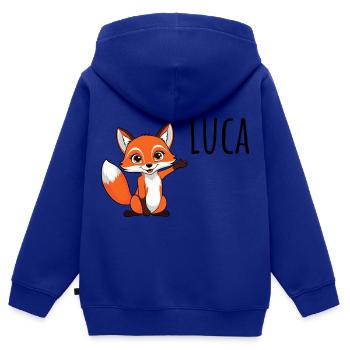 renard - Je m’appelle Luca - animal mignon de la forêt - Sweat Premium à capuche zippé enfant bio - bleu roi - Dos - AI Model Kid Male (0cm)