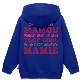On m'appelle Mamou parce que je suis cool, Mamie - Sweat Premium à capuche zippé enfant bio - bleu roi - Dos - AI Model Kid Male (0cm)