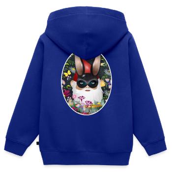 Nain de jardin avec masque de lapin incognito dans le jardin - Sweat Premium à capuche zippé enfant bio - bleu roi - Dos - AI Model Kid Male (0cm)