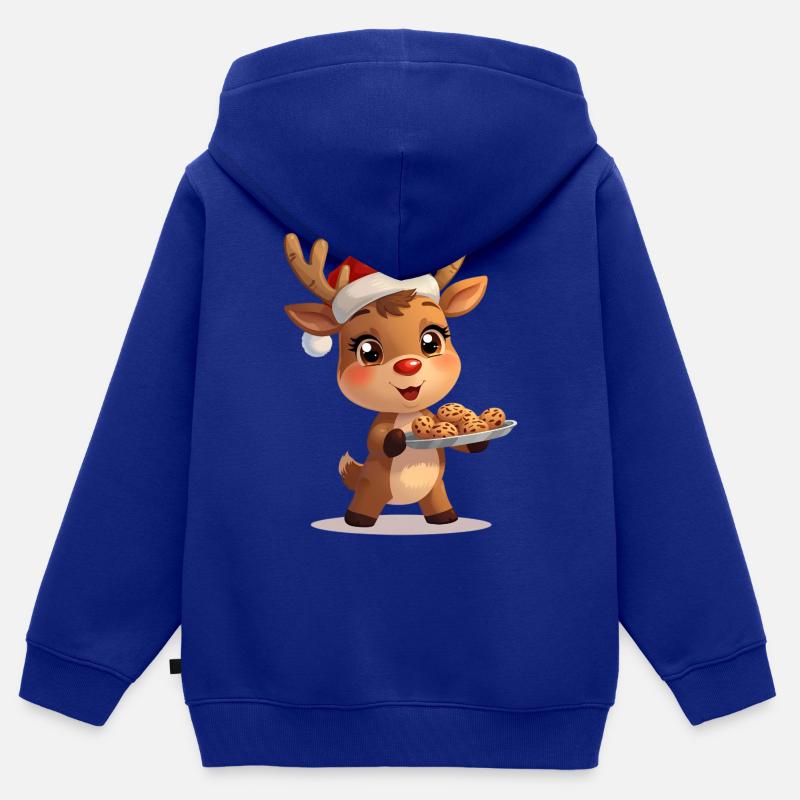 Renne avec chapeau de Père Noël et biscuits - Sweat Premium à capuche zippé enfant bio - bleu roi