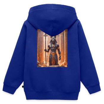 Anubis, schakalköpfiger Gott, steht in einem schemenhaften - Kinder Premium Organic Zip Hoodie - Royalblau - Hinten - AI Model Kid Male (0cm)