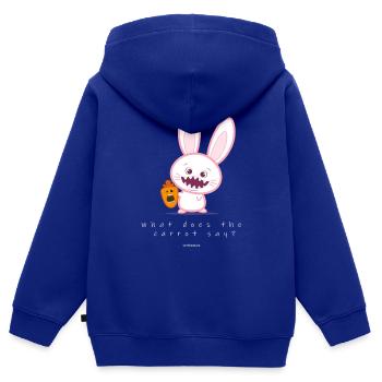 Que dit la carotte ? - Sweat Premium à capuche zippé enfant bio - bleu roi - Dos - AI Model Kid Male (0cm)