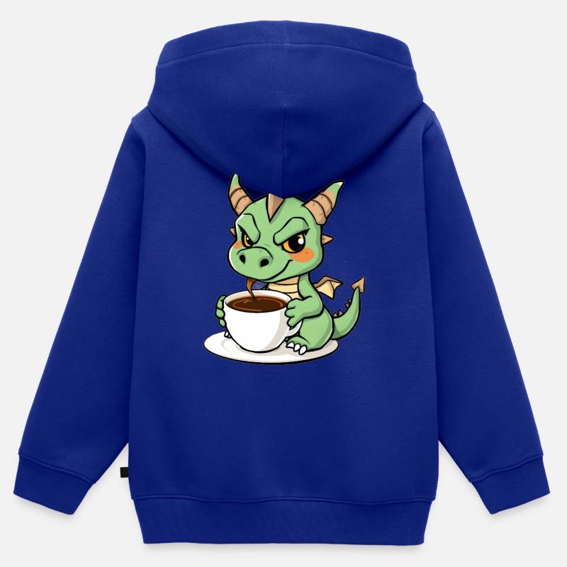 Le doux dragon aime le café - Sweat Premium à capuche zippé enfant bio - bleu roi