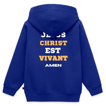 JÉSUS EST VIVANT - Sweat Premium à capuche zippé enfant bio - bleu roi - Dos - AI Model Kid Male (0cm)