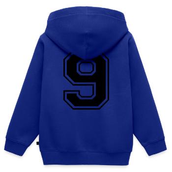 9, neuf, nombre, nombre - Sweat Premium à capuche zippé enfant bio - bleu roi - Dos - AI Model Kid Male (0cm)
