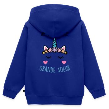 Grande soeur en 2021 - Sweat Premium à capuche zippé enfant bio - bleu roi - Dos - AI Model Kid Male (0cm)