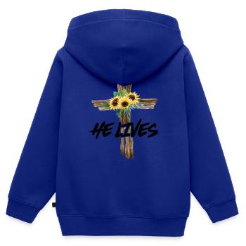 He Lives - Kinder Premium Organic Zip Hoodie - Royalblau - Hinten - AI Model Kid Male (0cm)