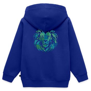 Tête de lion, bleu, vert, turquoise - Sweat Premium à capuche zippé enfant bio - bleu roi - Dos - AI Model Kid Male (0cm)