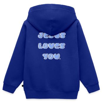 Jésus t’aime - Sweat Premium à capuche zippé enfant bio - bleu roi - Dos - AI Model Kid Male (0cm)