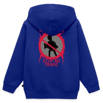 Stop au trafic "CARP'S JACKING" - Sweat Premium à capuche zippé enfant bio - bleu roi - Dos - AI Model Kid Male (0cm)