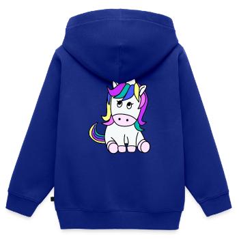 Licorne design, coloré, grands yeux, mignon - Sweat Premium à capuche zippé enfant bio - bleu roi - Dos - AI Model Kid Male (0cm)