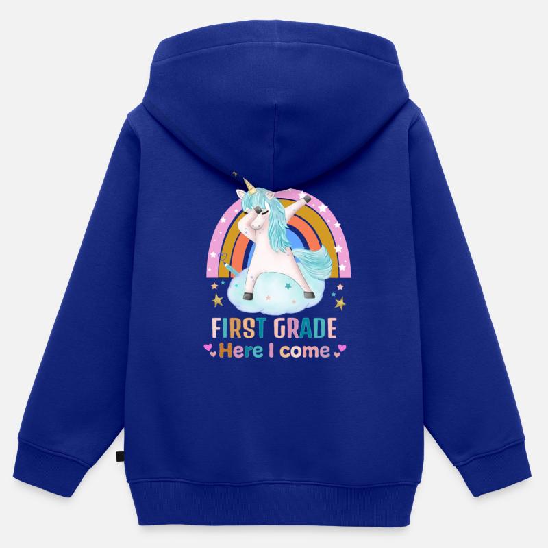 École Première année - Sweat Premium à capuche zippé enfant bio - bleu roi