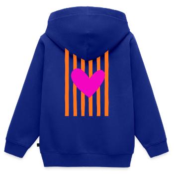 Cœur rose rayures orange | Conception de l’énoncé - Sweat Premium à capuche zippé enfant bio - bleu roi - Dos - AI Model Kid Male (0cm)