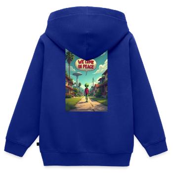 Ein netter, kleiner Alien entsteigt seinem UFO - Kinder Premium Organic Zip Hoodie - Royalblau - Hinten - AI Model Kid Male (0cm)