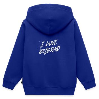 J’aime Belgrade - Sweat Premium à capuche zippé enfant bio - bleu roi - Dos - AI Model Kid Male (0cm)