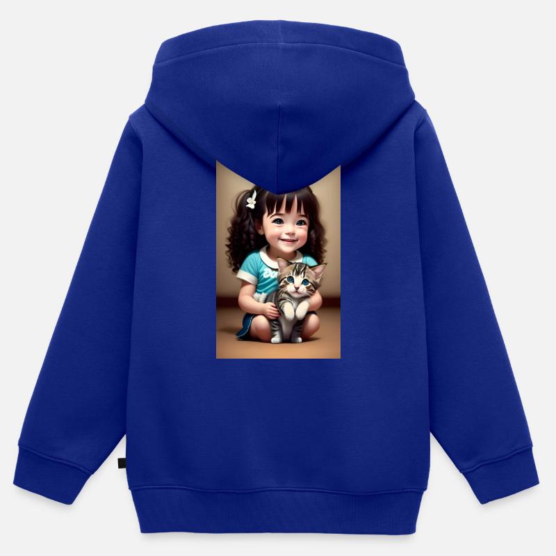 fille joyeuse avec chaton - Sweat Premium à capuche zippé enfant bio - bleu roi