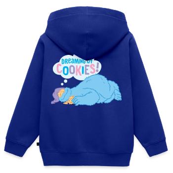 5 Rue Sésame Macaron Grignote Rêve de cookies - Sweat Premium à capuche zippé enfant bio - bleu roi - Dos - AI Model Kid Male (0cm)