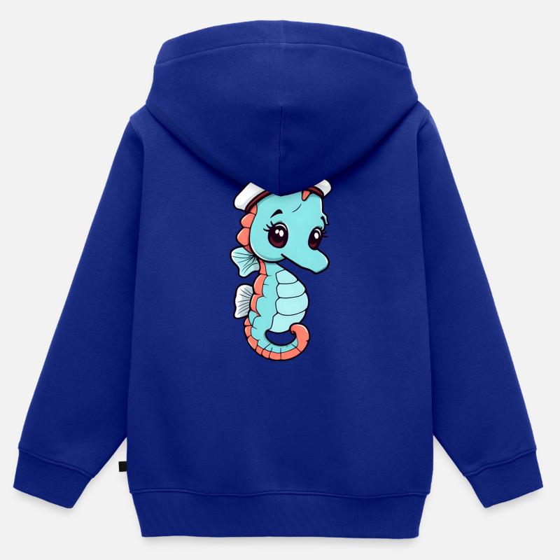 Hippocampe de dessin animé joyeux dans un chapeau de marin - Sweat Premium à capuche zippé enfant bio - bleu roi