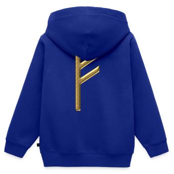 Rune Fehu - bonheur et prospérité, runes, Odin - Sweat Premium à capuche zippé enfant bio - bleu roi - Dos - AI Model Kid Male (0cm)
