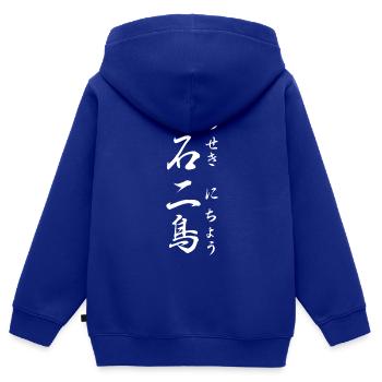 Faire d’une pierre deux coups: Yojijukugo - Sweat Premium à capuche zippé enfant bio - bleu roi - Dos - AI Model Kid Male (0cm)