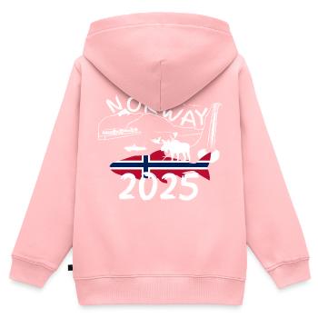 Norvège 2025 Saumon avec montagnes et pêche à l’orignal - Sweat Premium à capuche zippé enfant bio - rose - Dos - AI Model Kid Female (0cm)