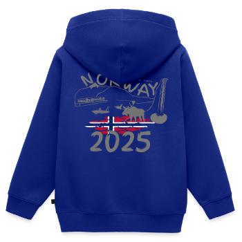 Norvège 2025 Hareng avec montagnes et pêche à l’orignal - Sweat Premium à capuche zippé enfant bio - bleu roi - Dos - AI Model Kid Male (0cm)