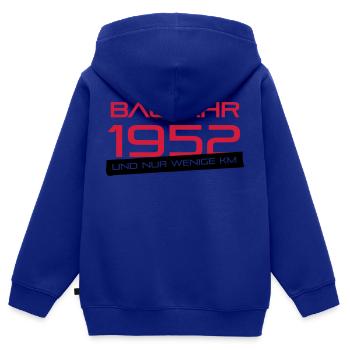 Peu km - Année 1952 - Sweat Premium à capuche zippé enfant bio - bleu roi - Dos - AI Model Kid Male (0cm)