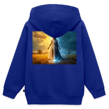 Adroa – Lugbara, Gott der Dualität, des Lichts und des Schattens - Kinder Premium Organic Zip Hoodie - Royalblau - Hinten - AI Model Kid Male (0cm)